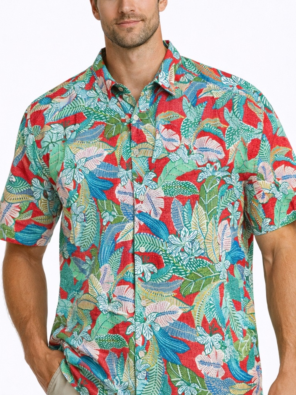 Tori Richard Tropical Graphic Leaf Print Cotton Lawn Camp Shirt Red Mens Size XL